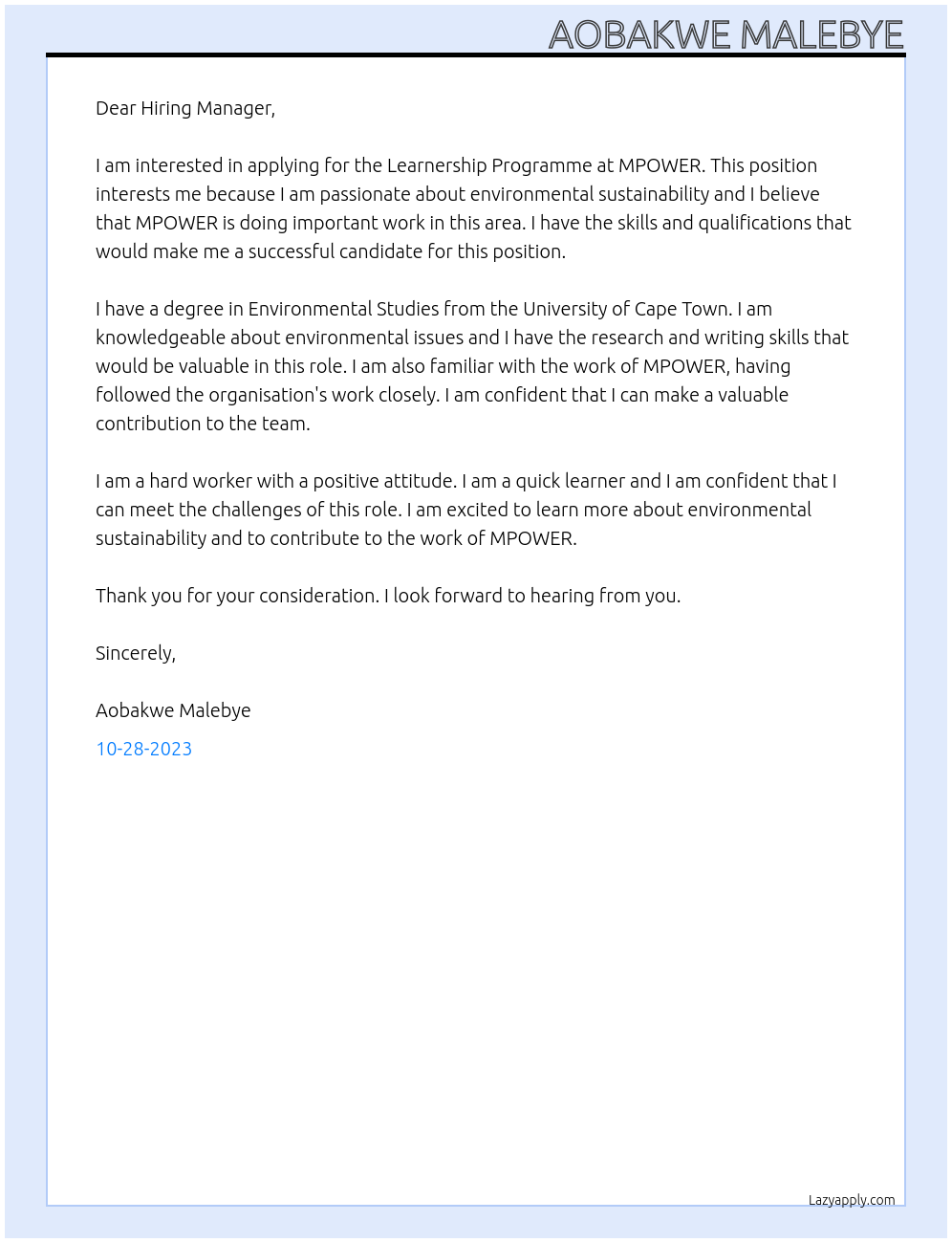 Learnership Programme At MPOWER Cover Letter