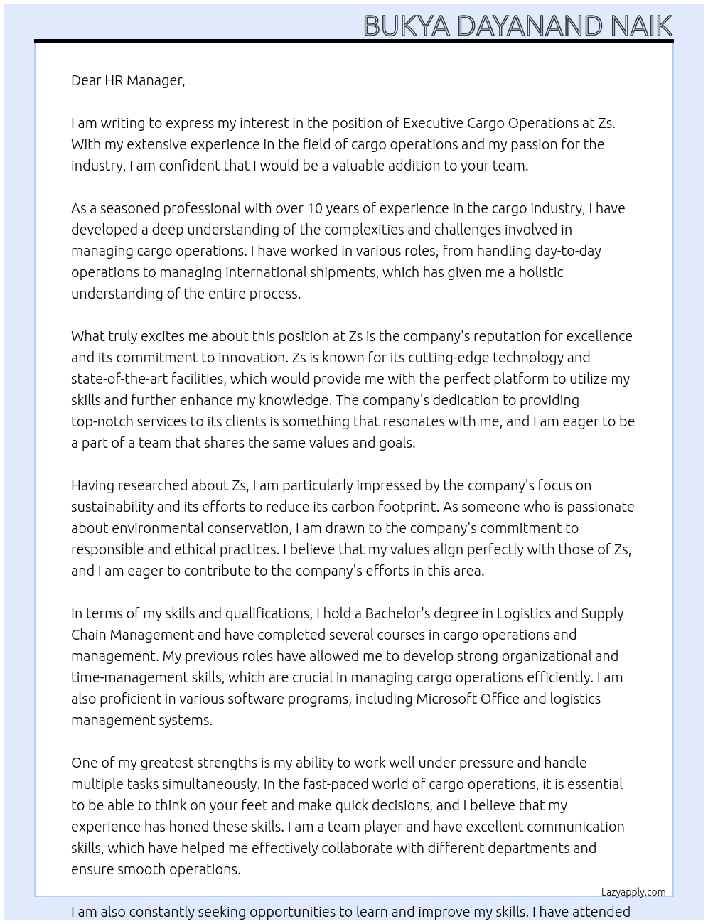 Executive cargo operations At Zs Cover Letter