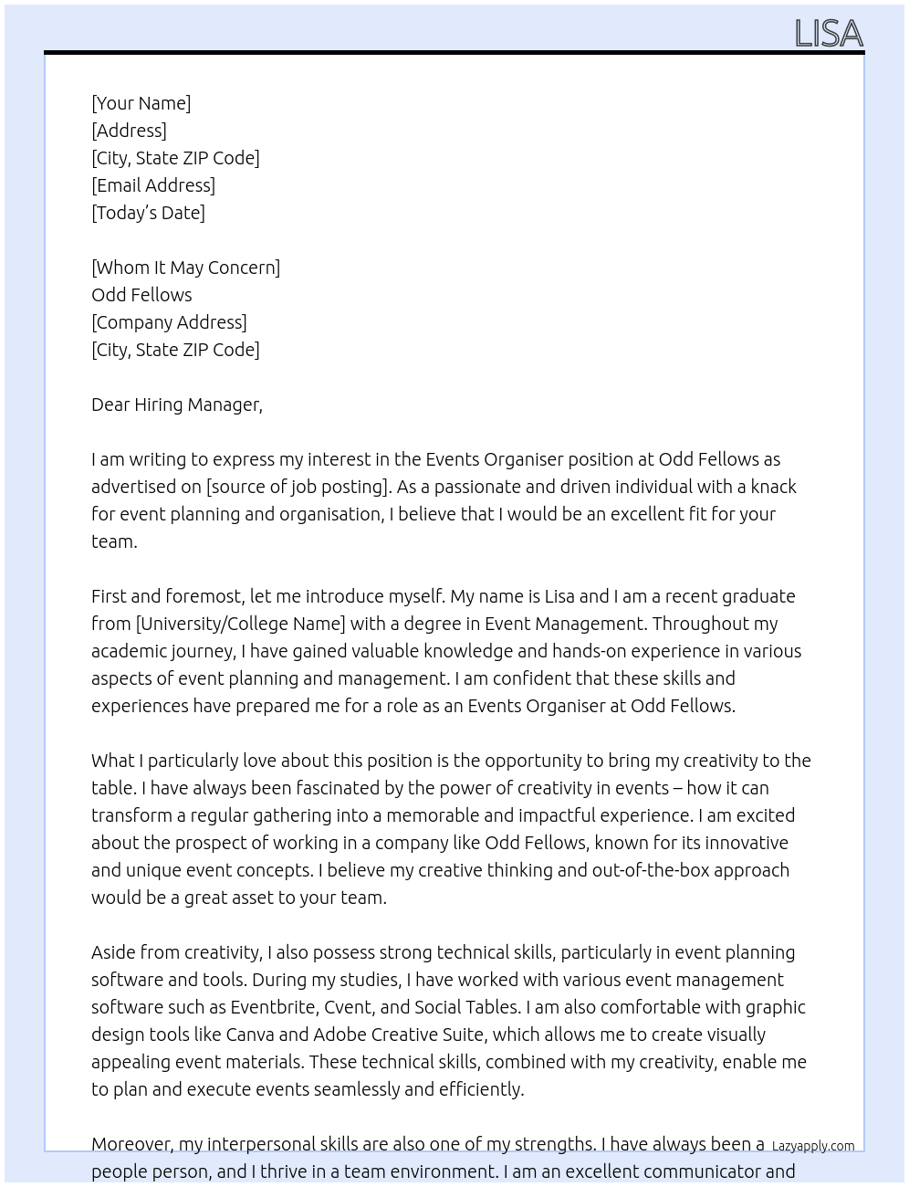 Events organiser  At Odd fellows  Cover Letter