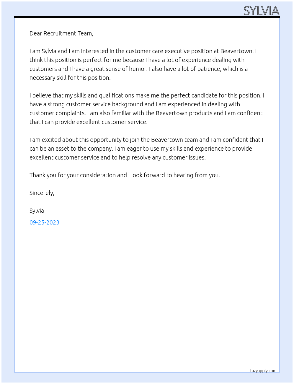 Customer Care Executive At Beavertown Cover Letter