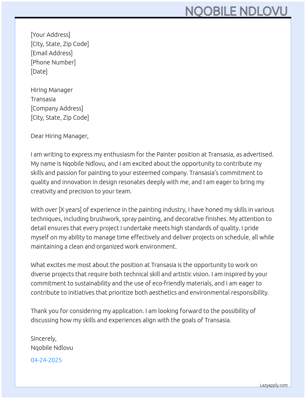 Painter At Transasia Cover Letter