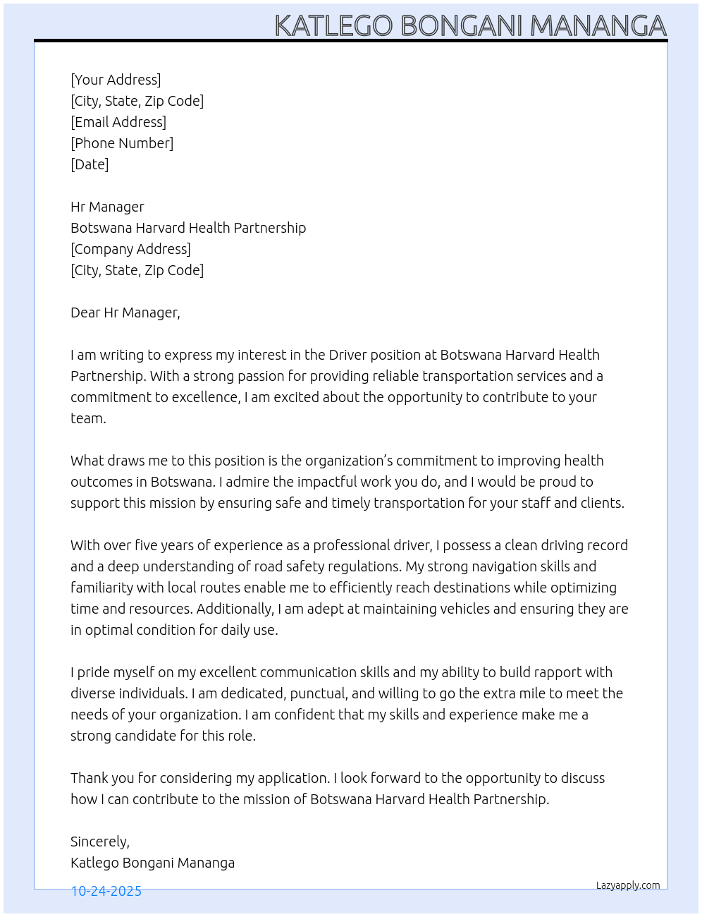 Driver At Botswana Harvard health partnership  Cover Letter