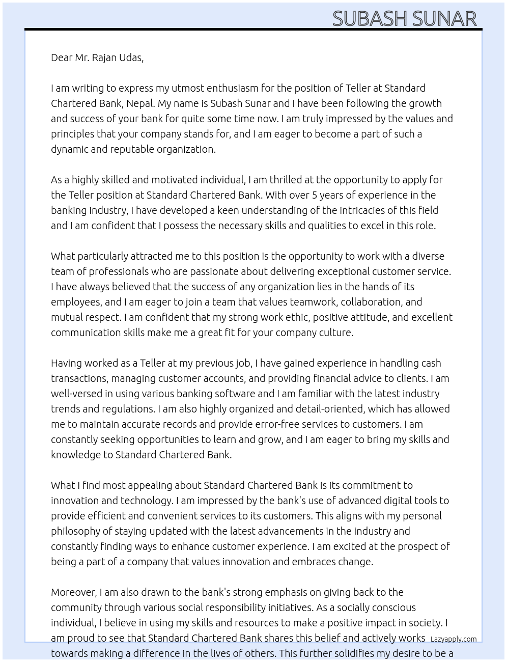 Teller At Standard Chartered Bank, Nepal Cover Letter