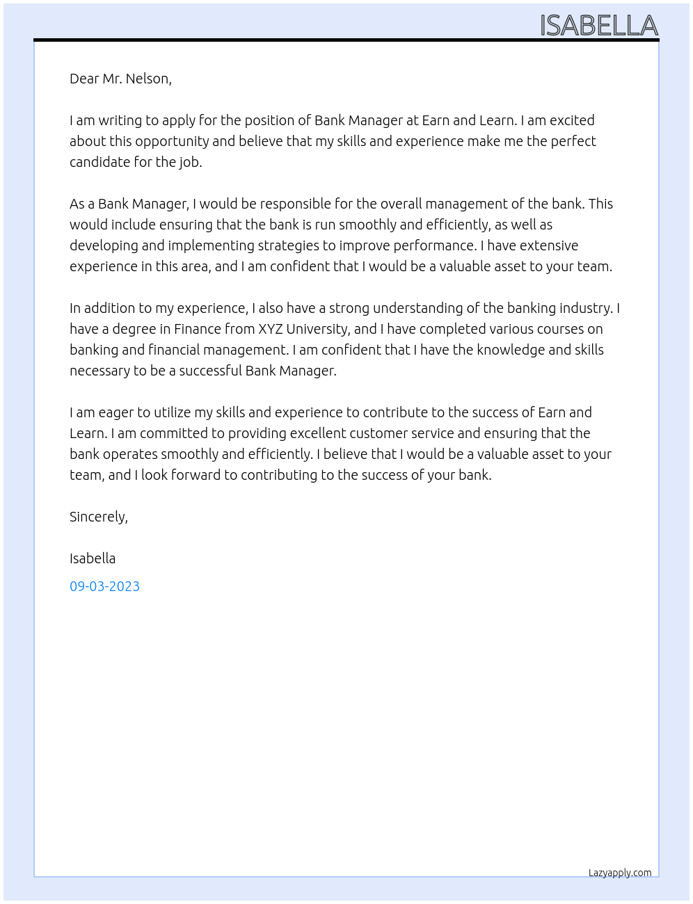 Bank Manager At Earn and Learn Cover Letter