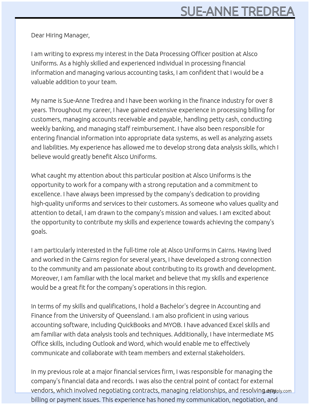 Data Processing Officer At Alsco Uniforms Cover Letter