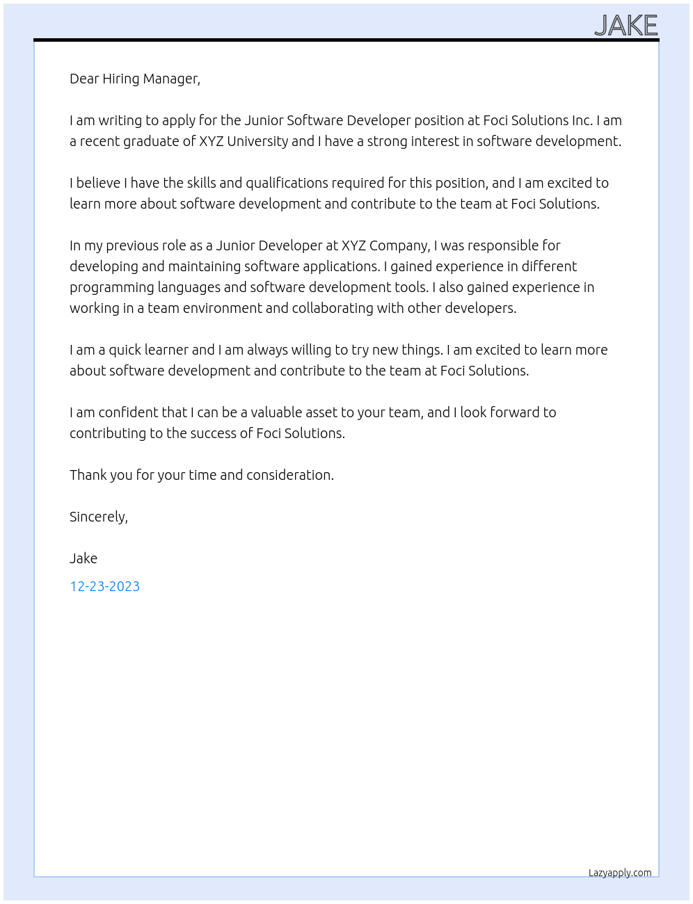 Junior Software Developer At Foci Solutions Inc. Cover Letter