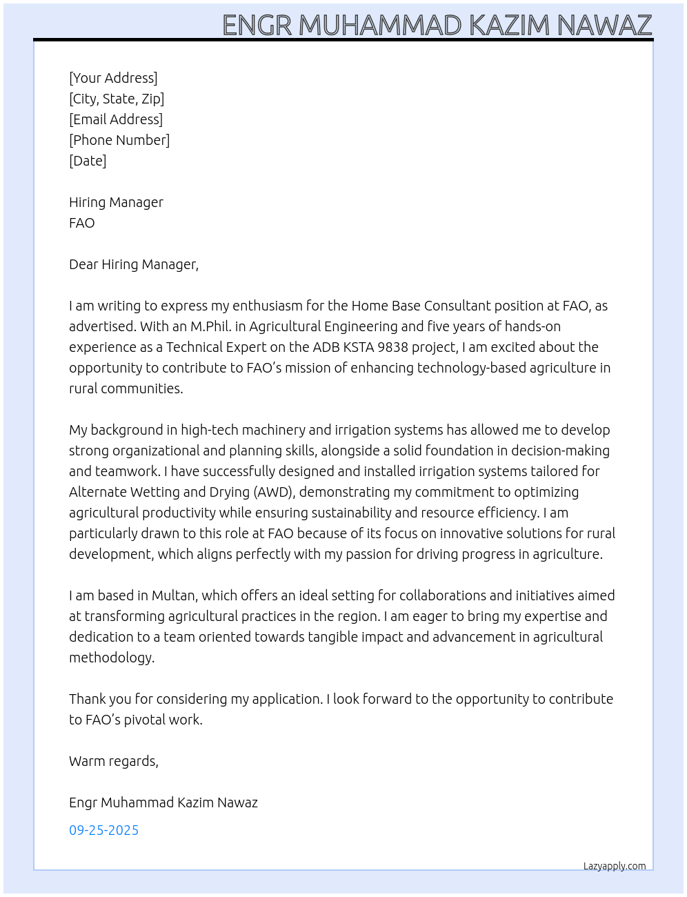 Home base consultant At FAO Cover Letter