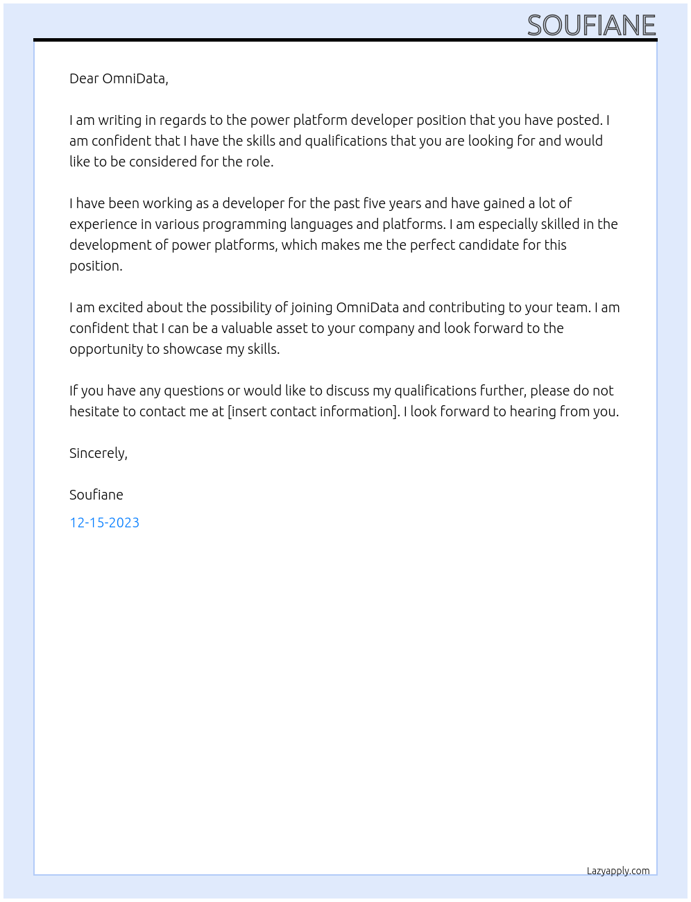 power platform developer At OmniData Cover Letter