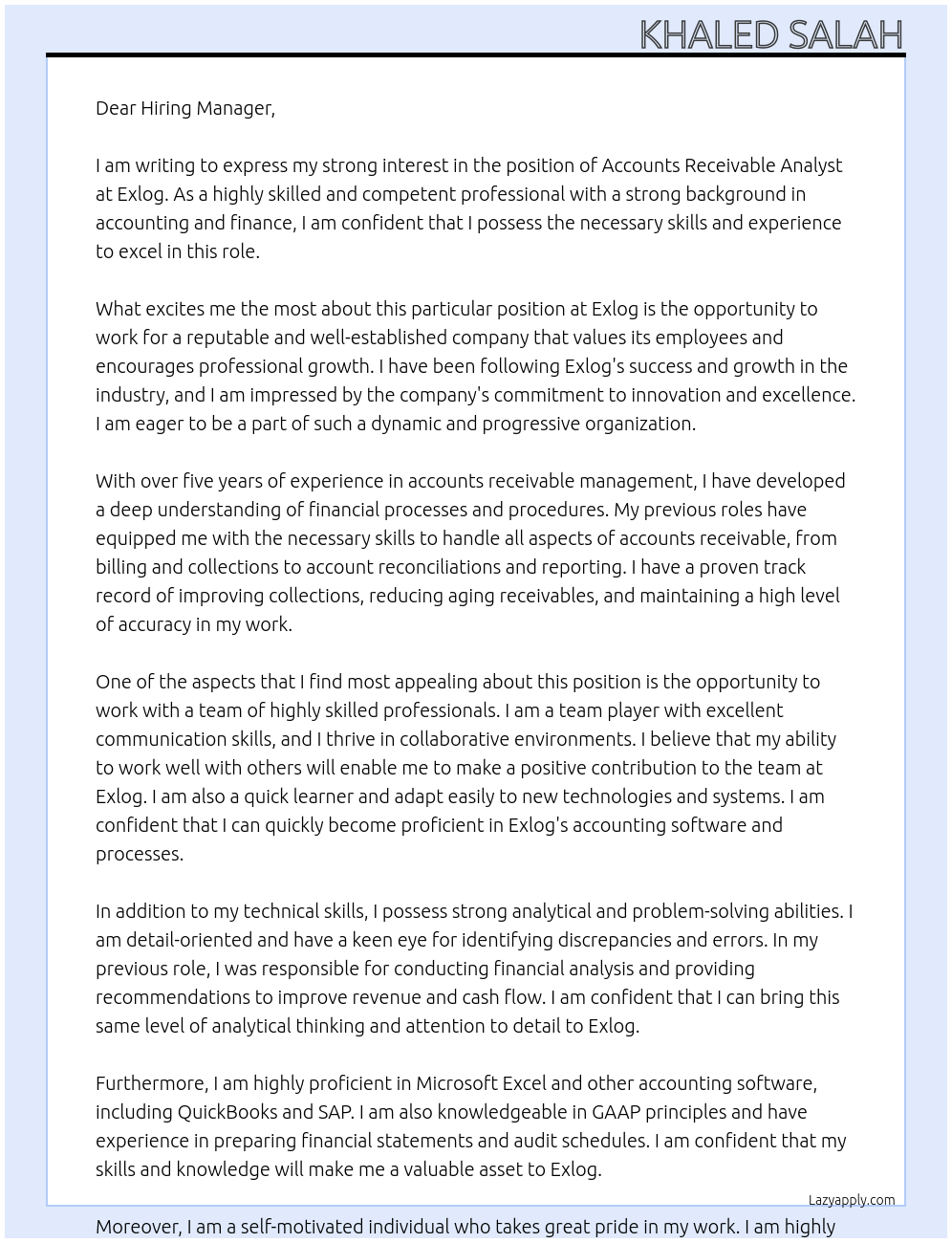 Accounts Receivable Analyst At Exlog Cover Letter