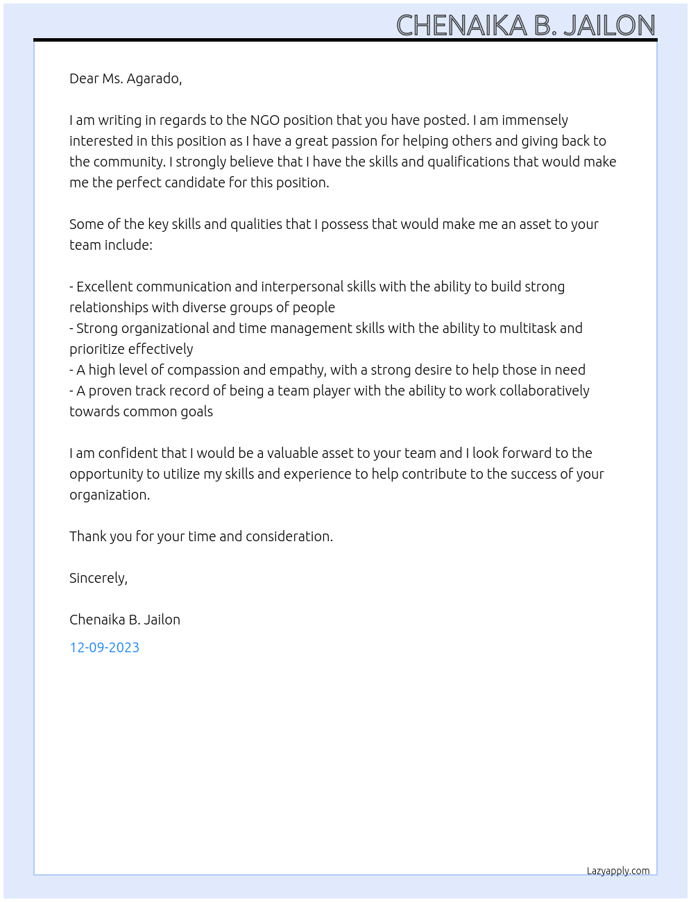 NGO At Local Government Unit  Cover Letter