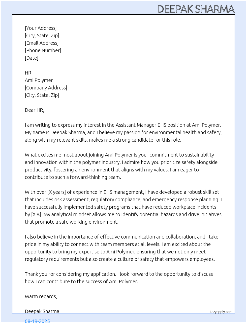 Assistant manager EHS  At Ami polymer  Cover Letter