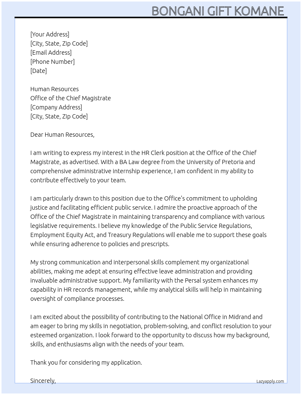 HR Clerk  At Office of the Chief magistrate  Cover Letter