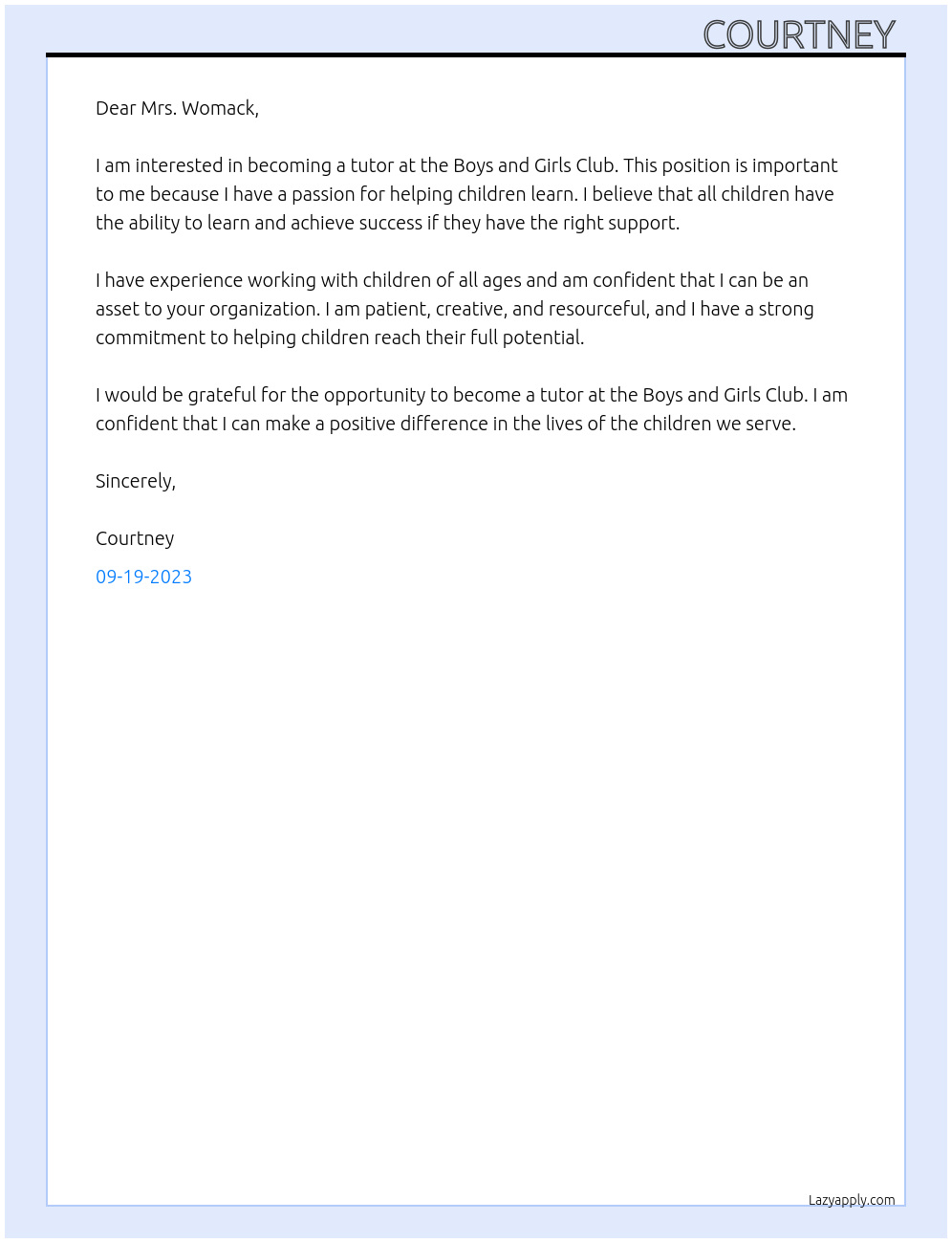 Tutor At Boys and Girls Club Cover Letter