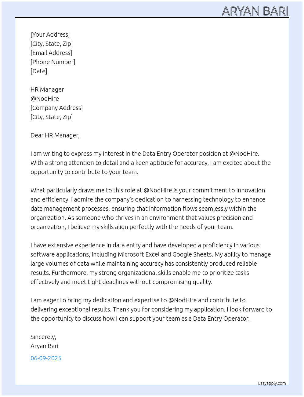 Data entry operator  At @NodHire Cover Letter