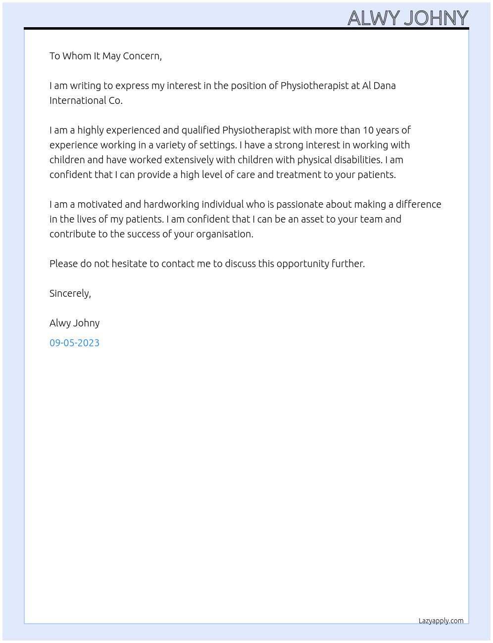 Physiotherapist At Al Dana Internationl Co. Cover Letter