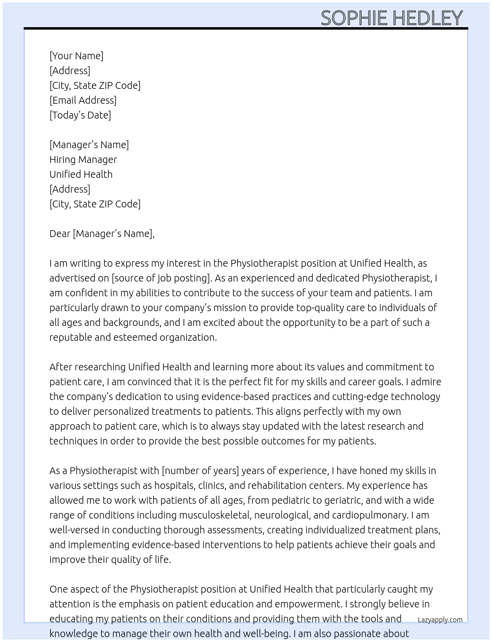 Physiotherapist At Unified Health Cover Letter