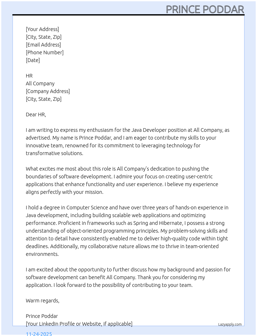 Cover letter for java developer - LazyApply
