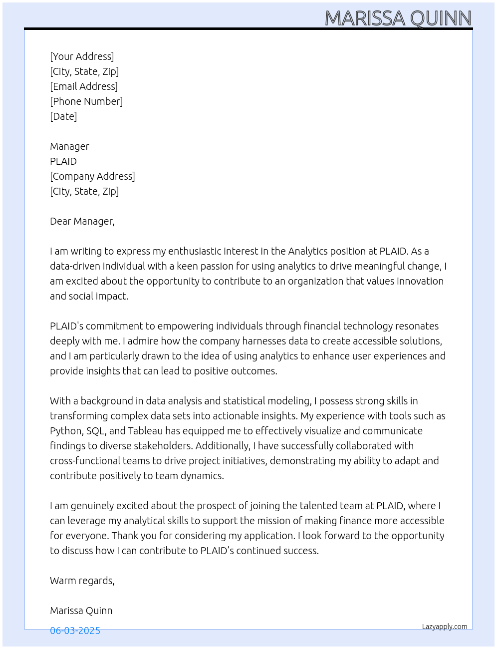 Cover letter for analytics - LazyApply
