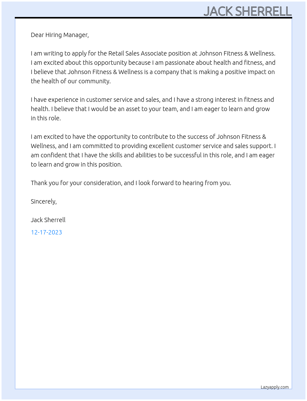 Retail Sales Associate At Johnson Fitness & Wellness Cover Letter