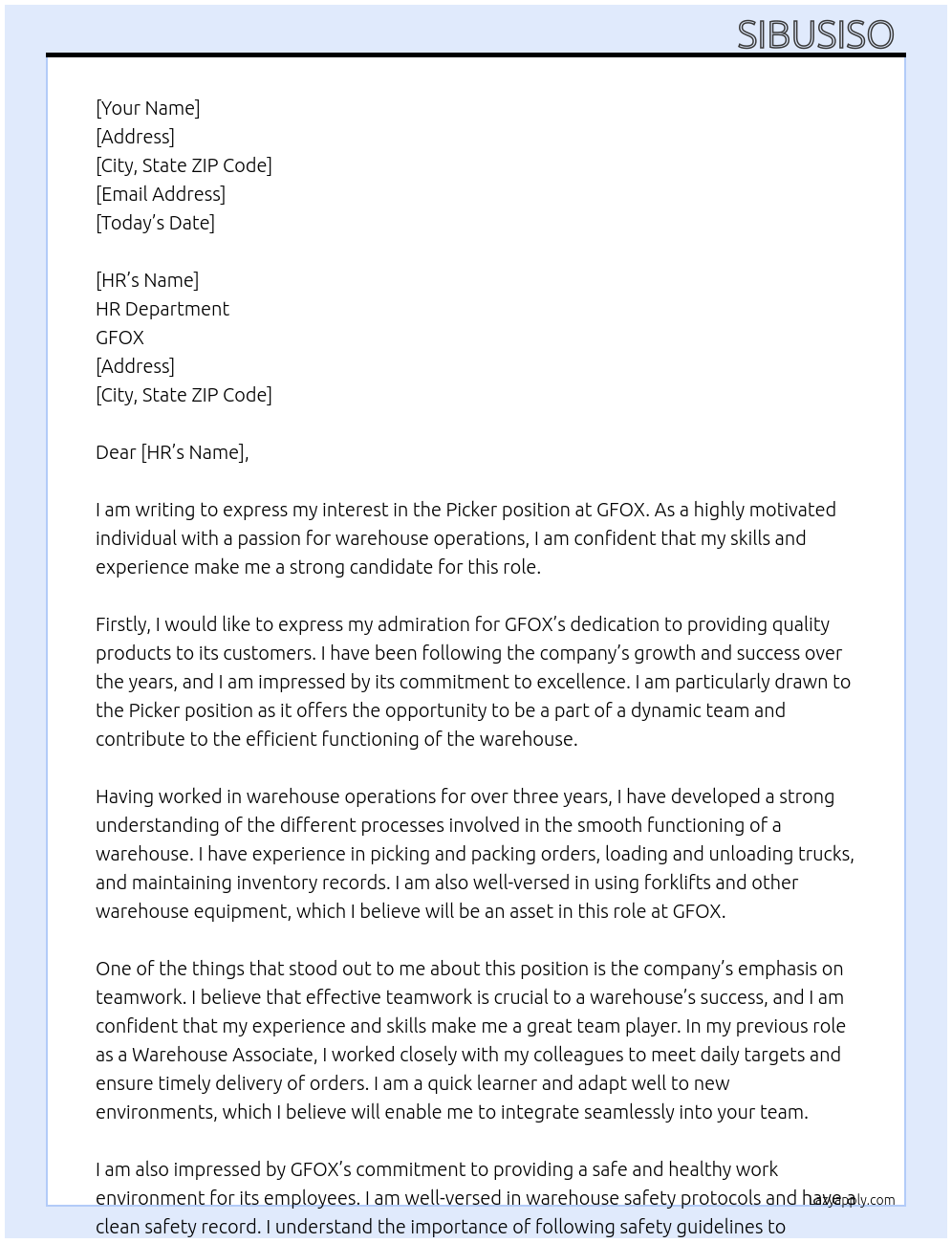 Picker At GFOX Cover Letter