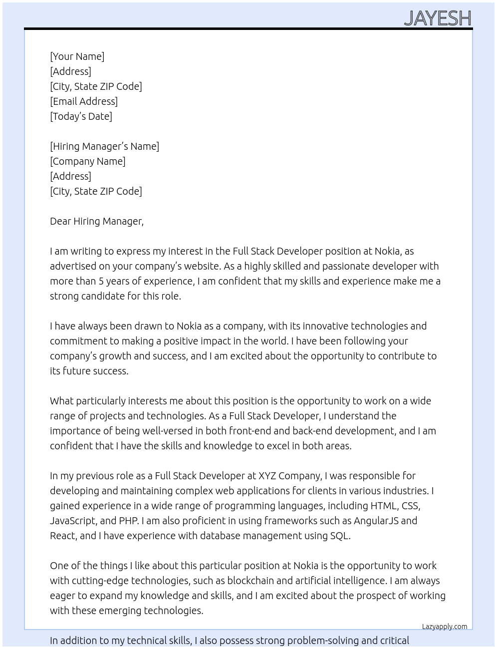 Full Stack Developer At Nokia Cover Letter