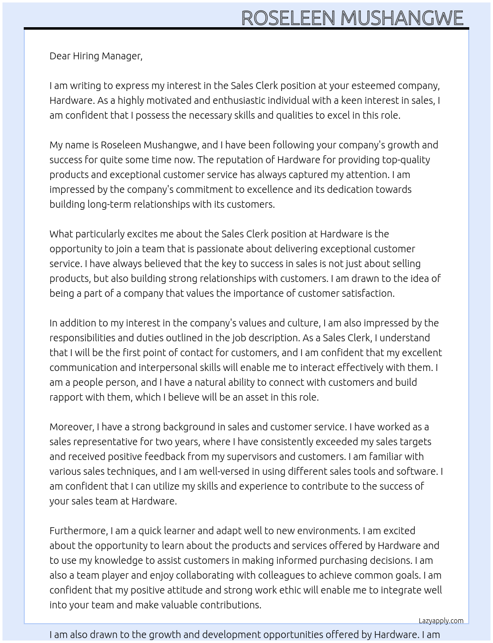 Sales Clerk At Hardware Cover Letter