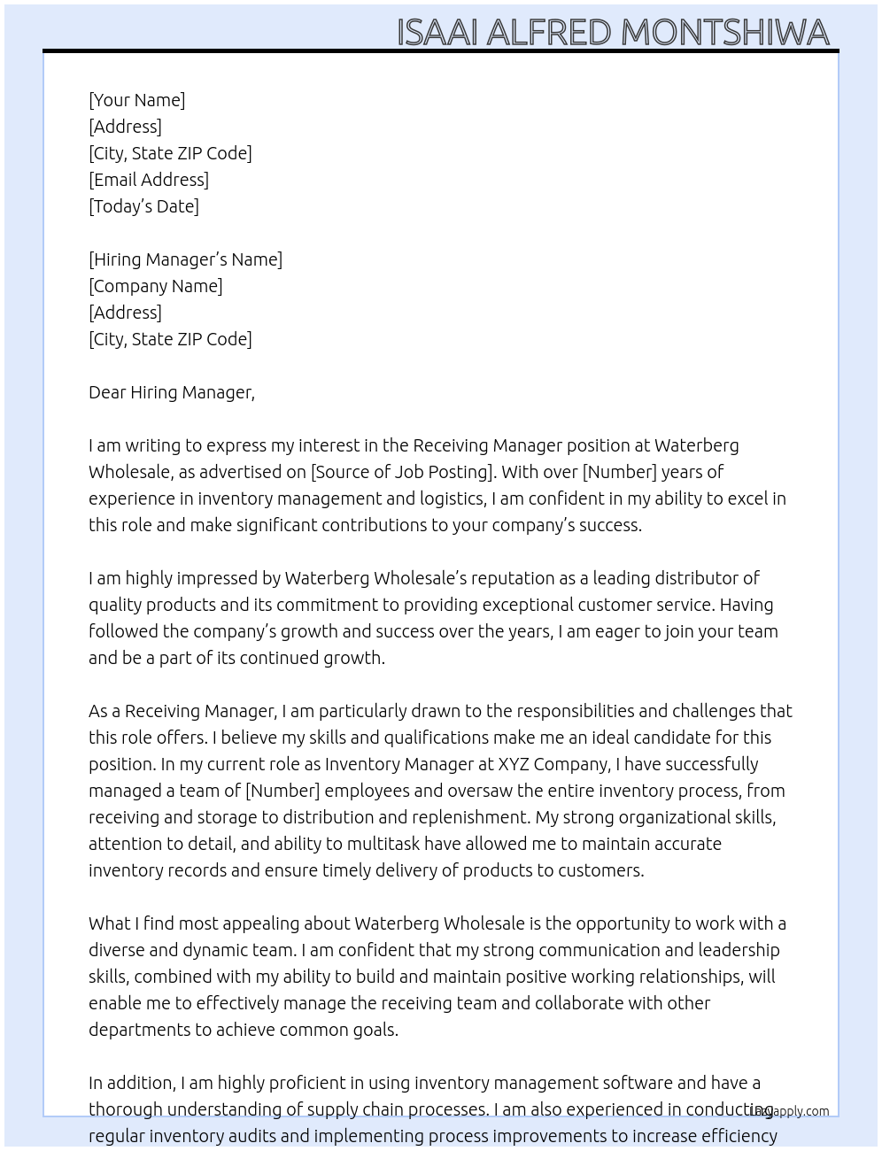 Receiving Manager  At Waterberg Wholesale  Cover Letter