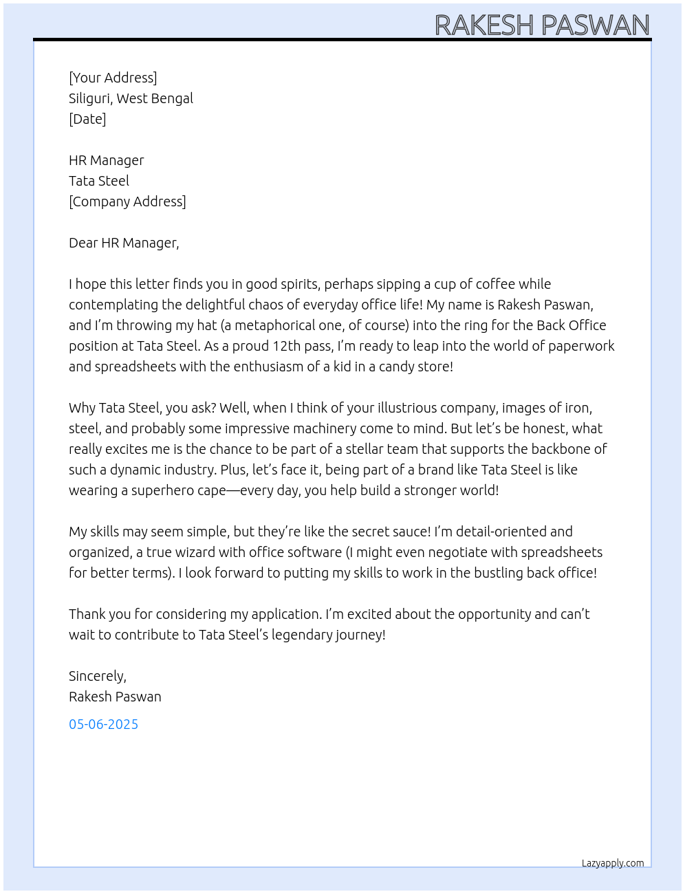 Back office At Tata Steel Cover Letter