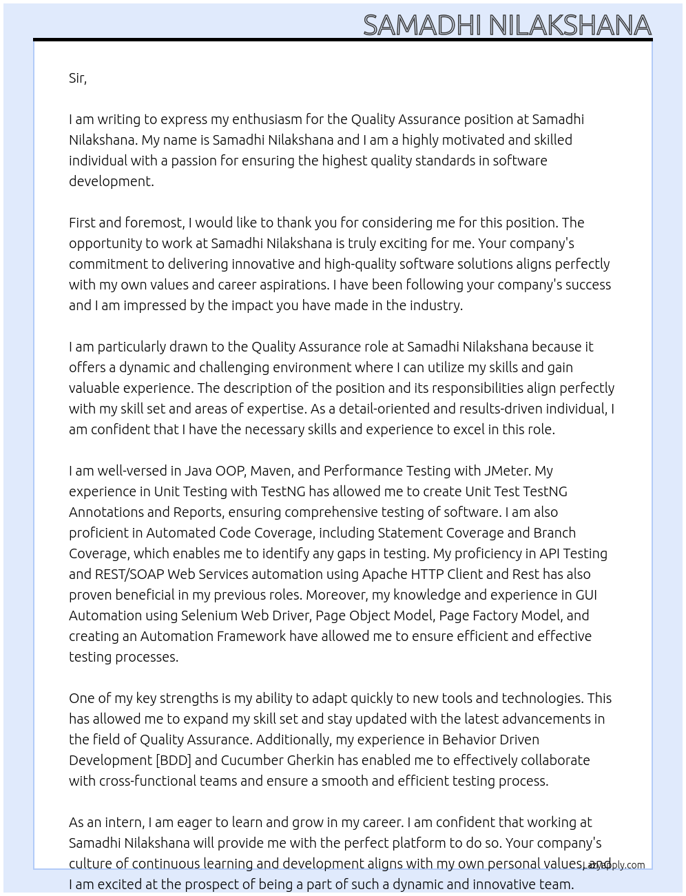 Quality Assurance At Samadhi Nilakshana Cover Letter