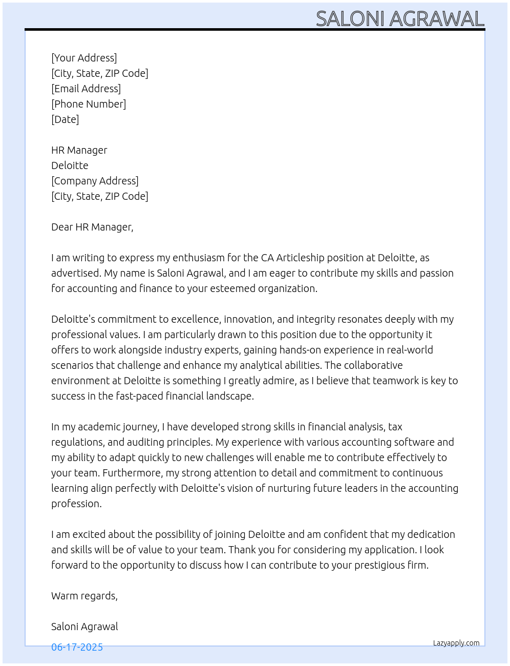 CA Articleship At Deloite Cover Letter