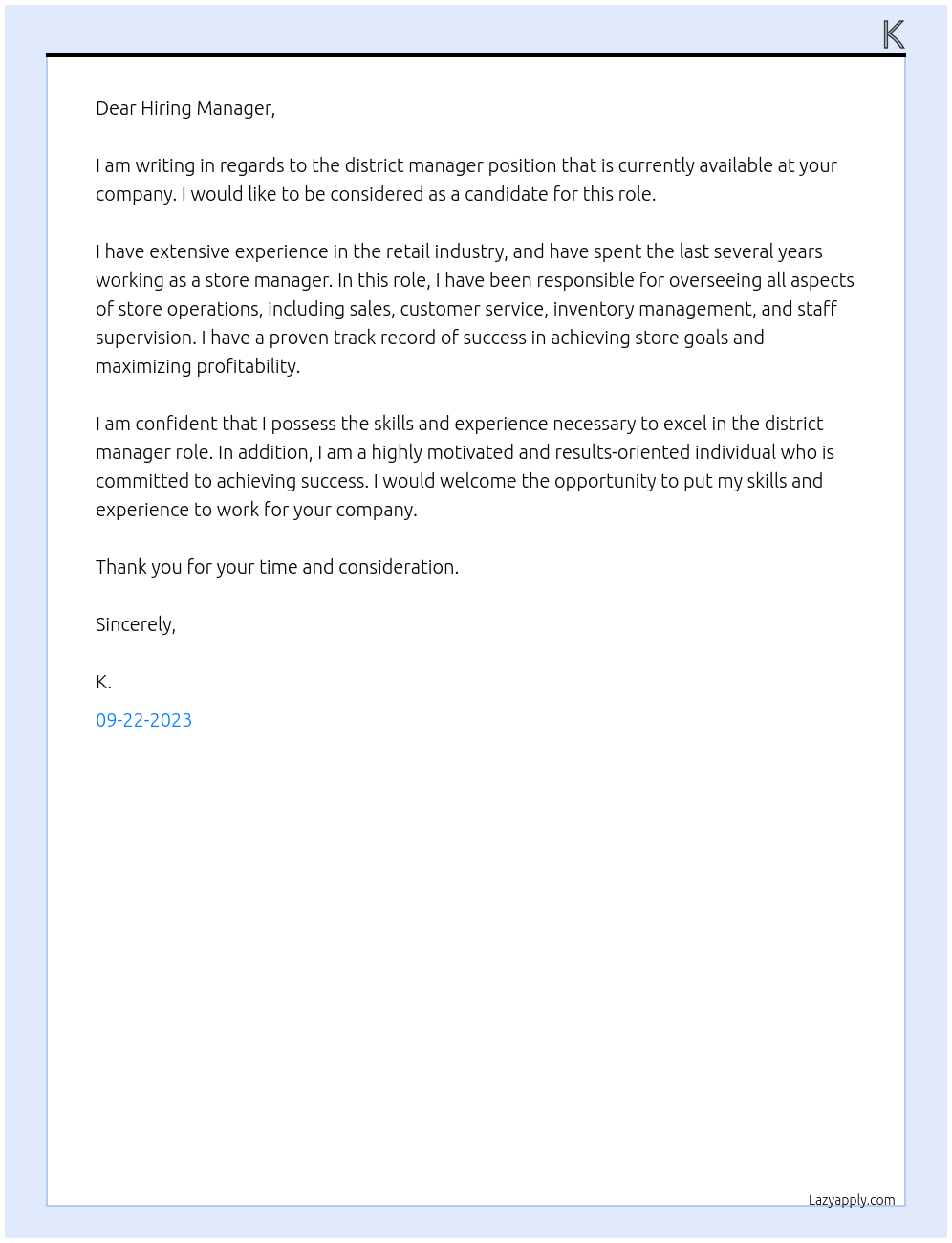 district manager At k Cover Letter