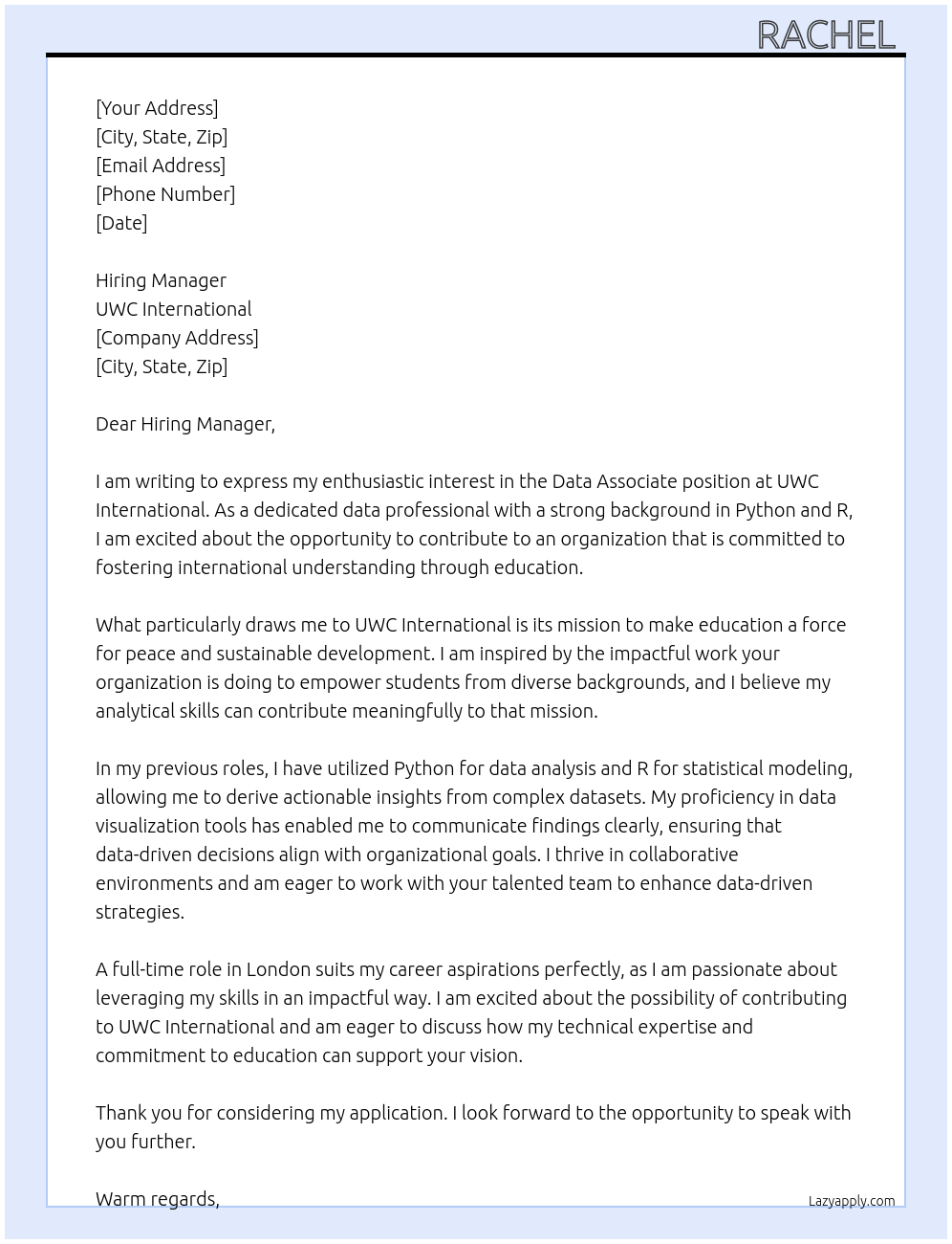 Data Associate At UWC International Cover Letter