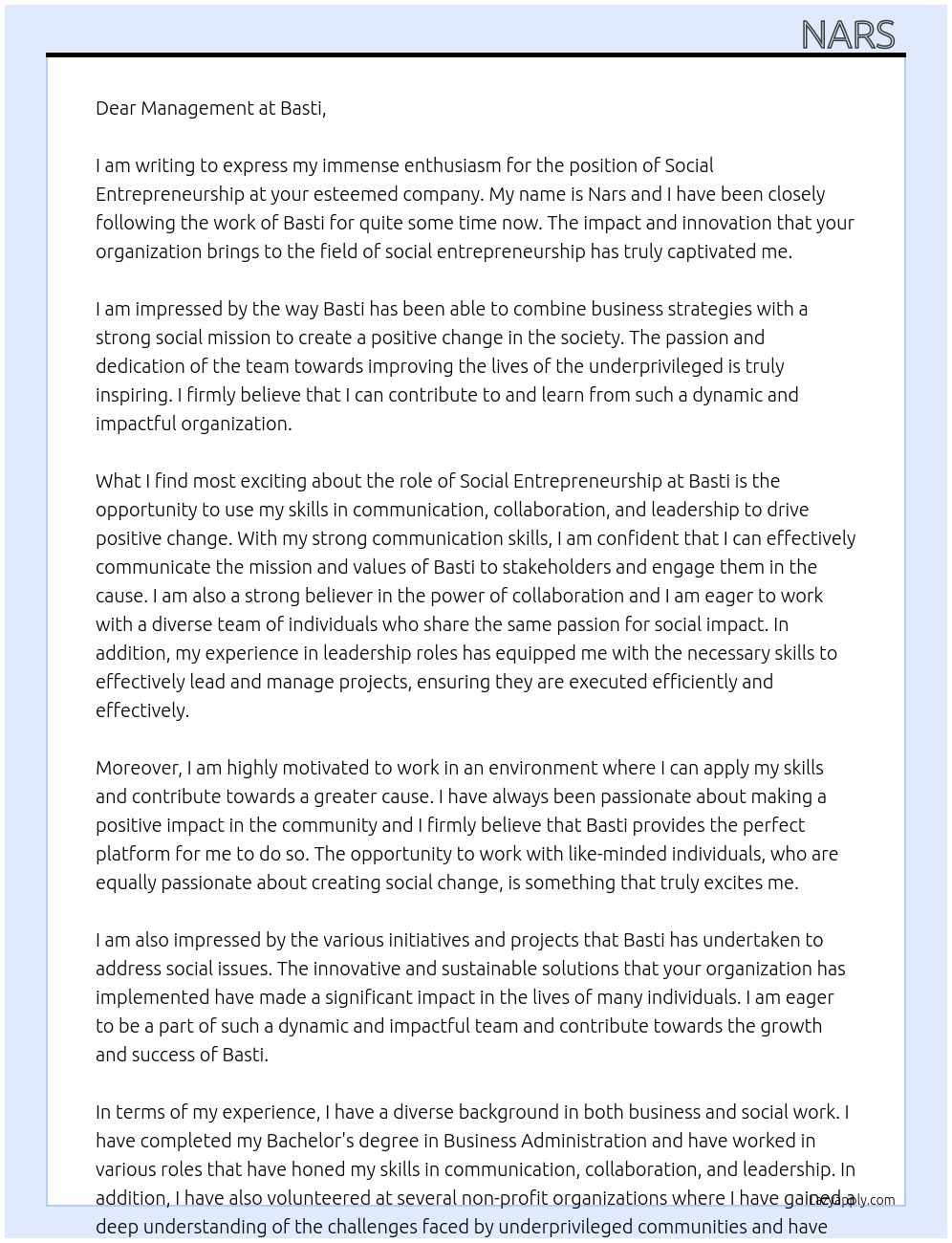 Social entrepreneurship  At Basti Cover Letter