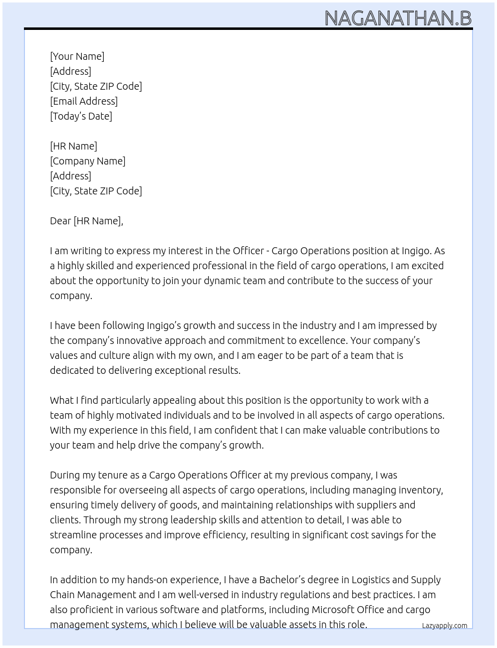 Officer - Cargo Operations At Ingigo Cover Letter