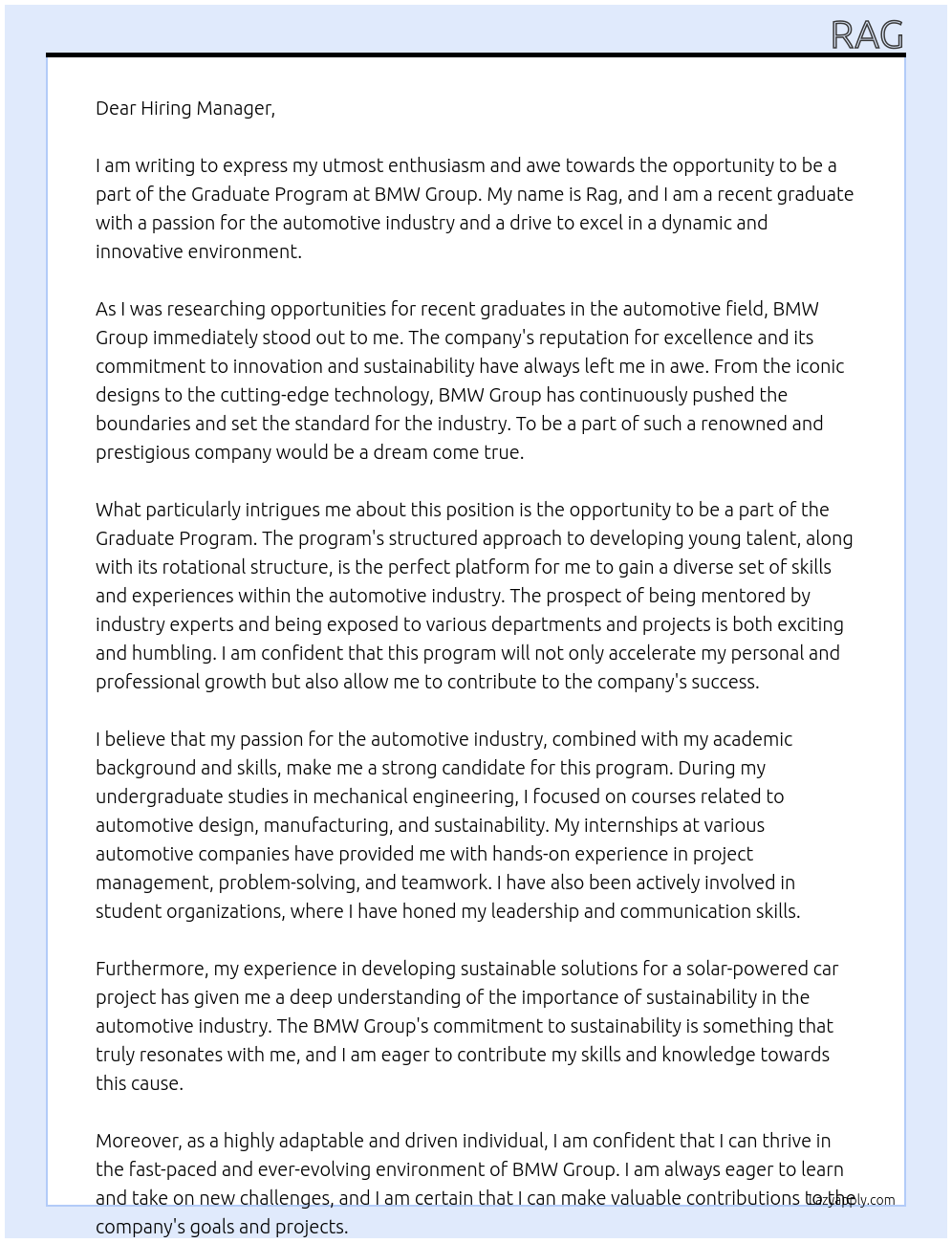 Graduate Program At BMW Group Cover Letter