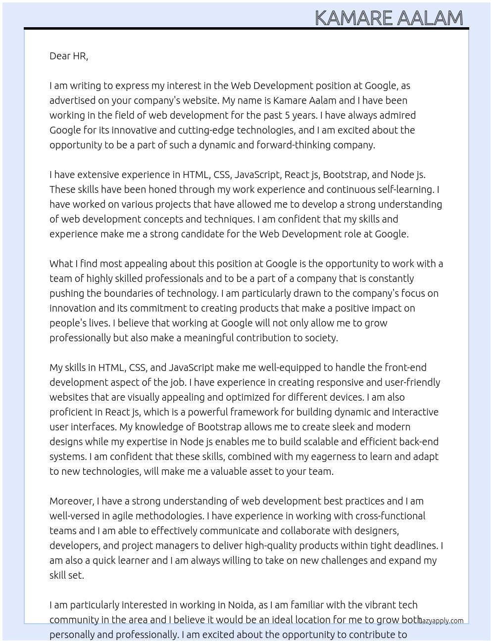 Web development At Google Cover Letter