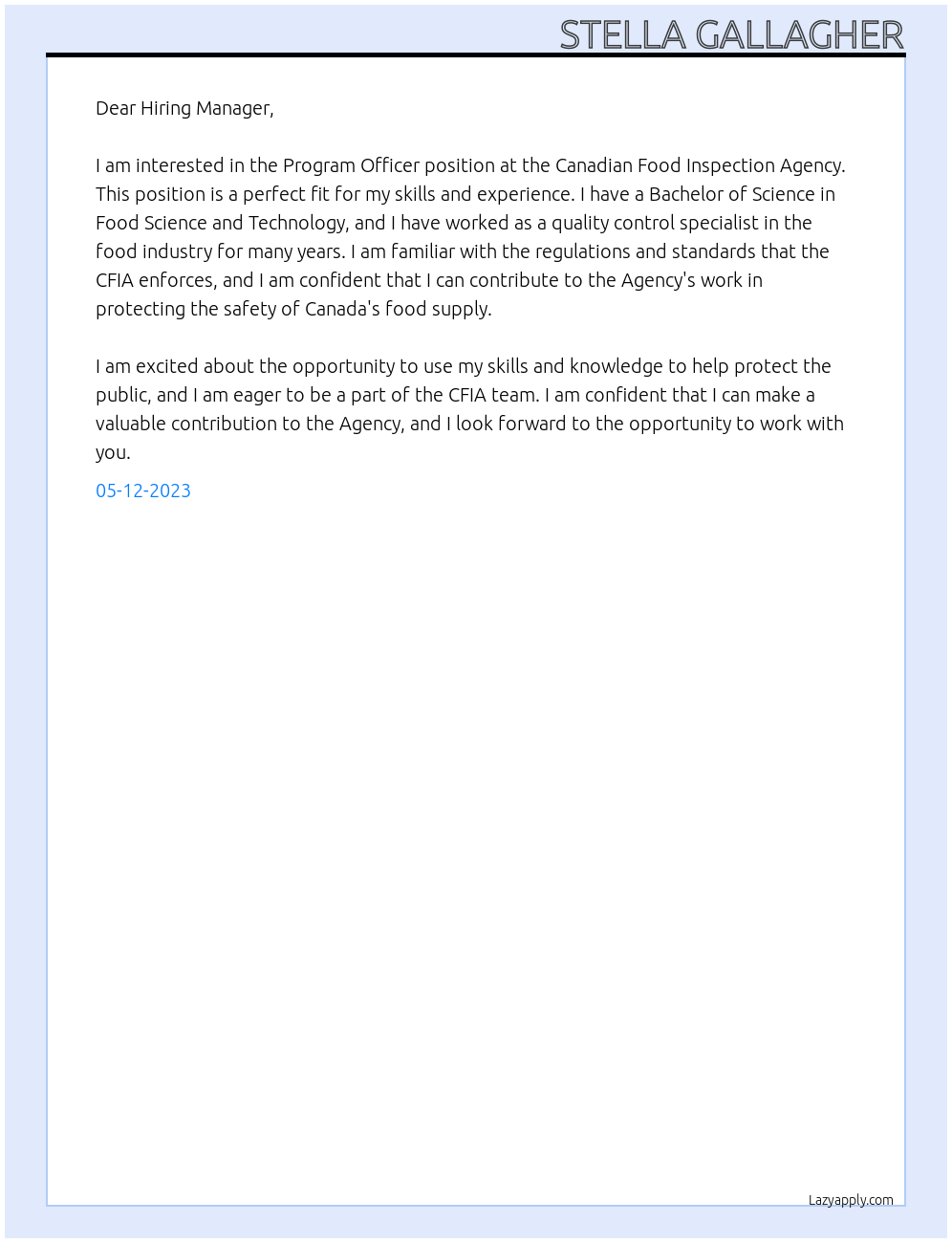 Program Officer At Canadian Food Inspection Agency Cover Letter