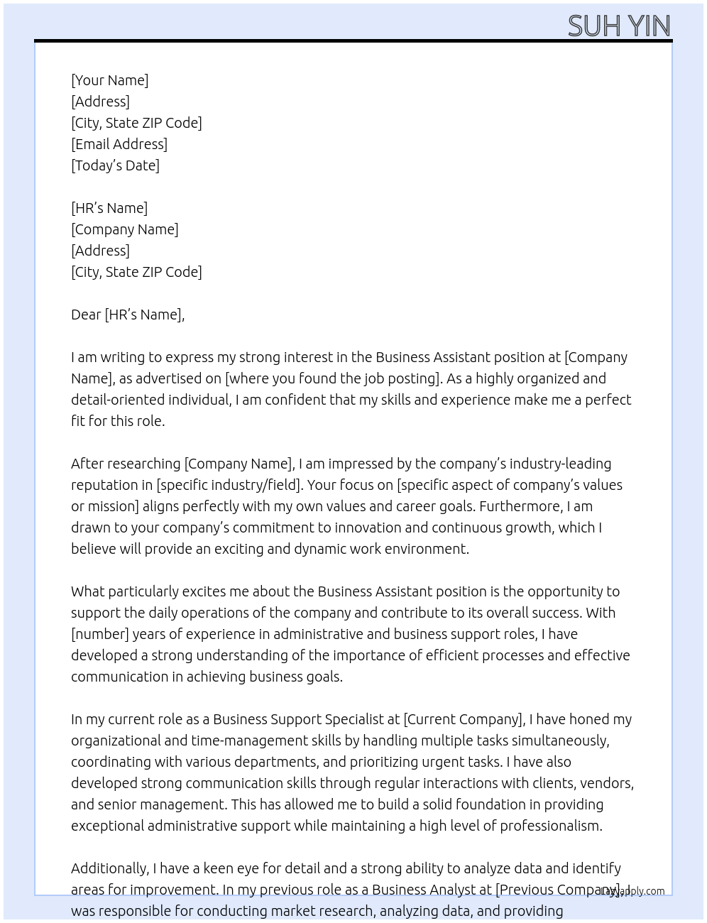 business assistant At your company Cover Letter