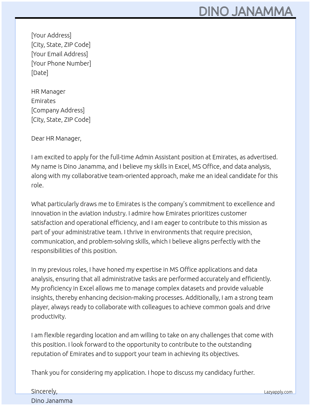 Admin assistant At Emirates Cover Letter