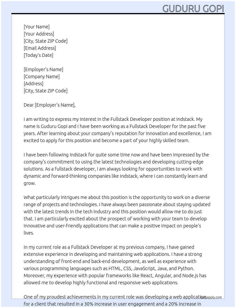 fullstack developer At Indstack Cover Letter