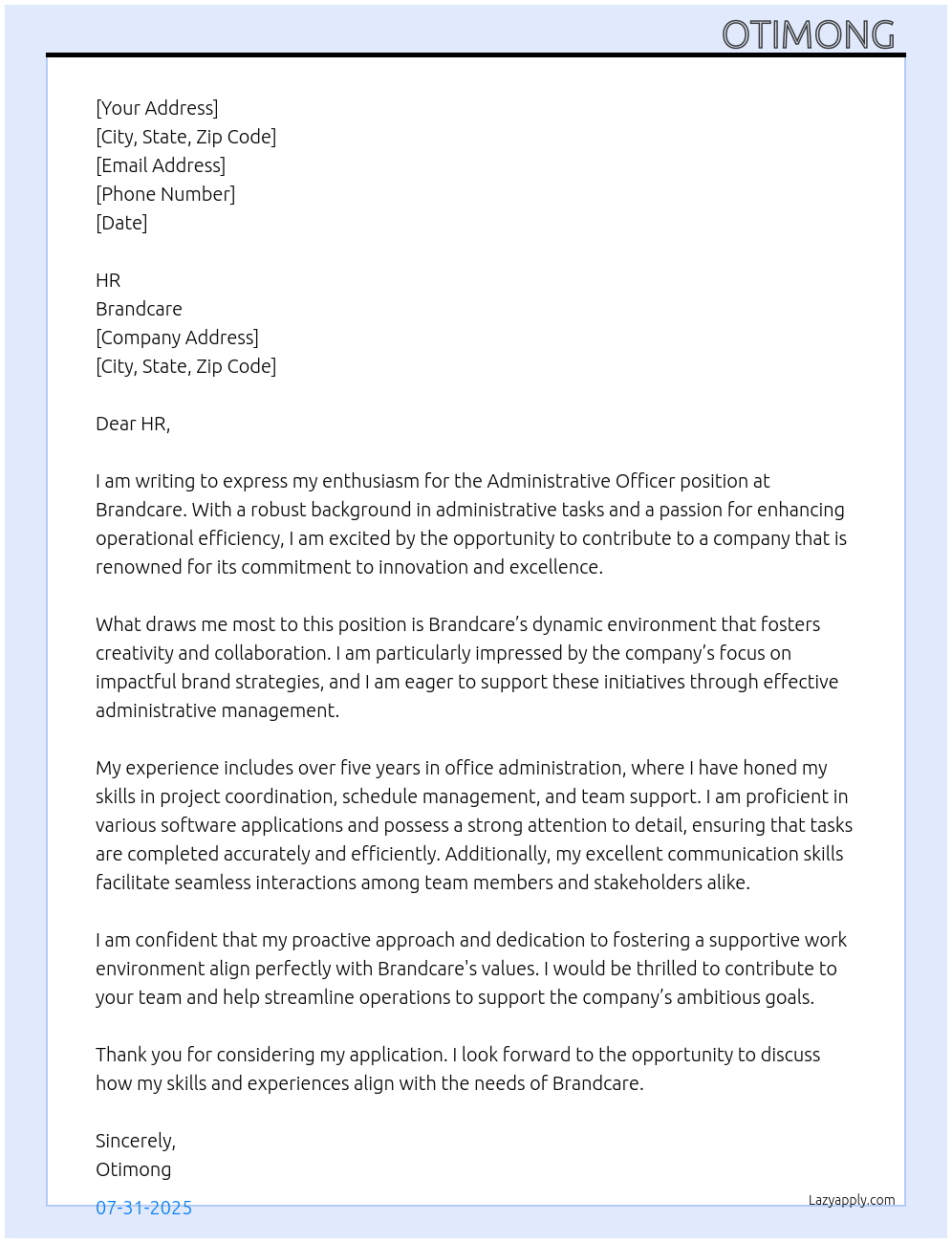 Administrative Officer At Brandcare Cover Letter