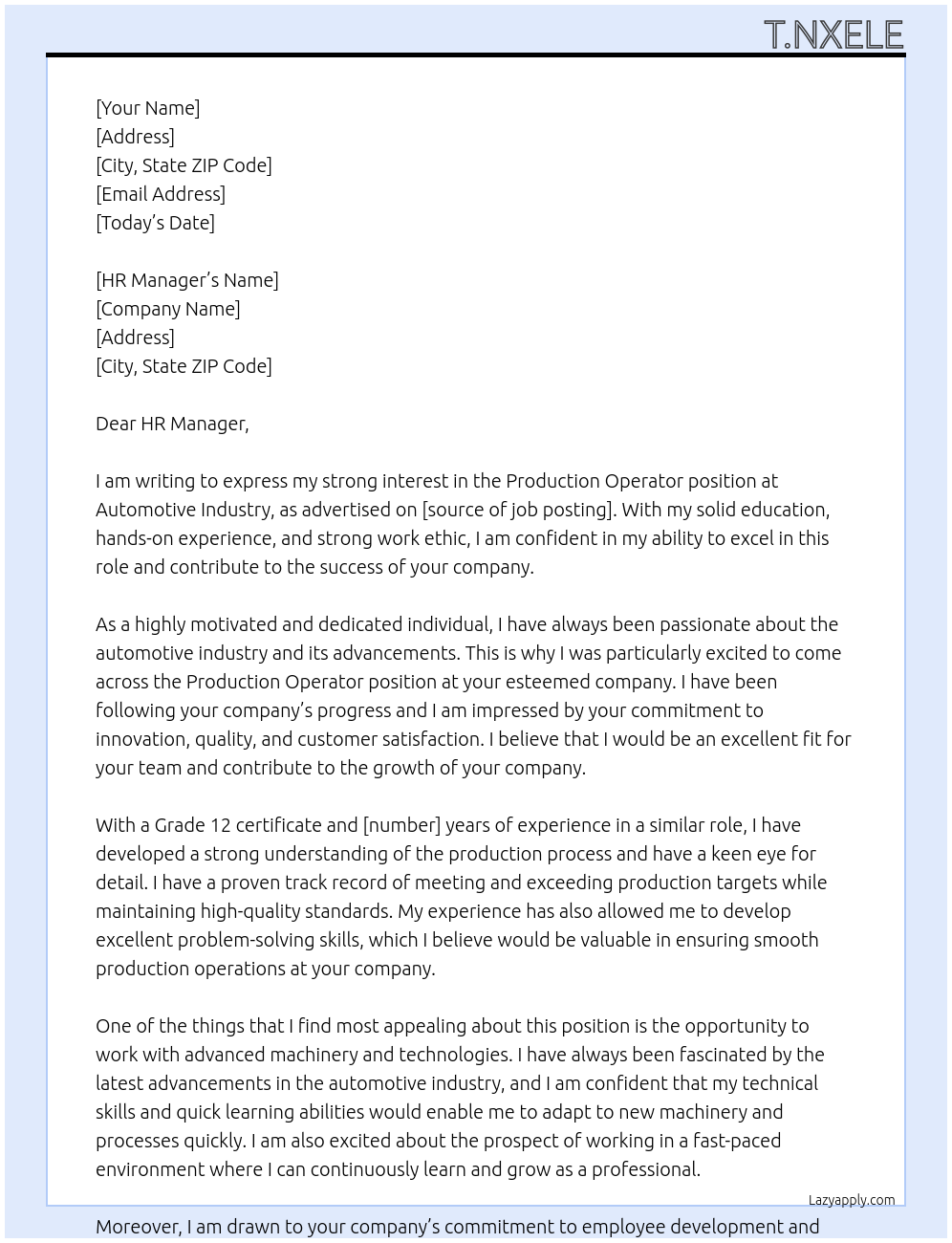Production Operator At Automotive industry Cover Letter