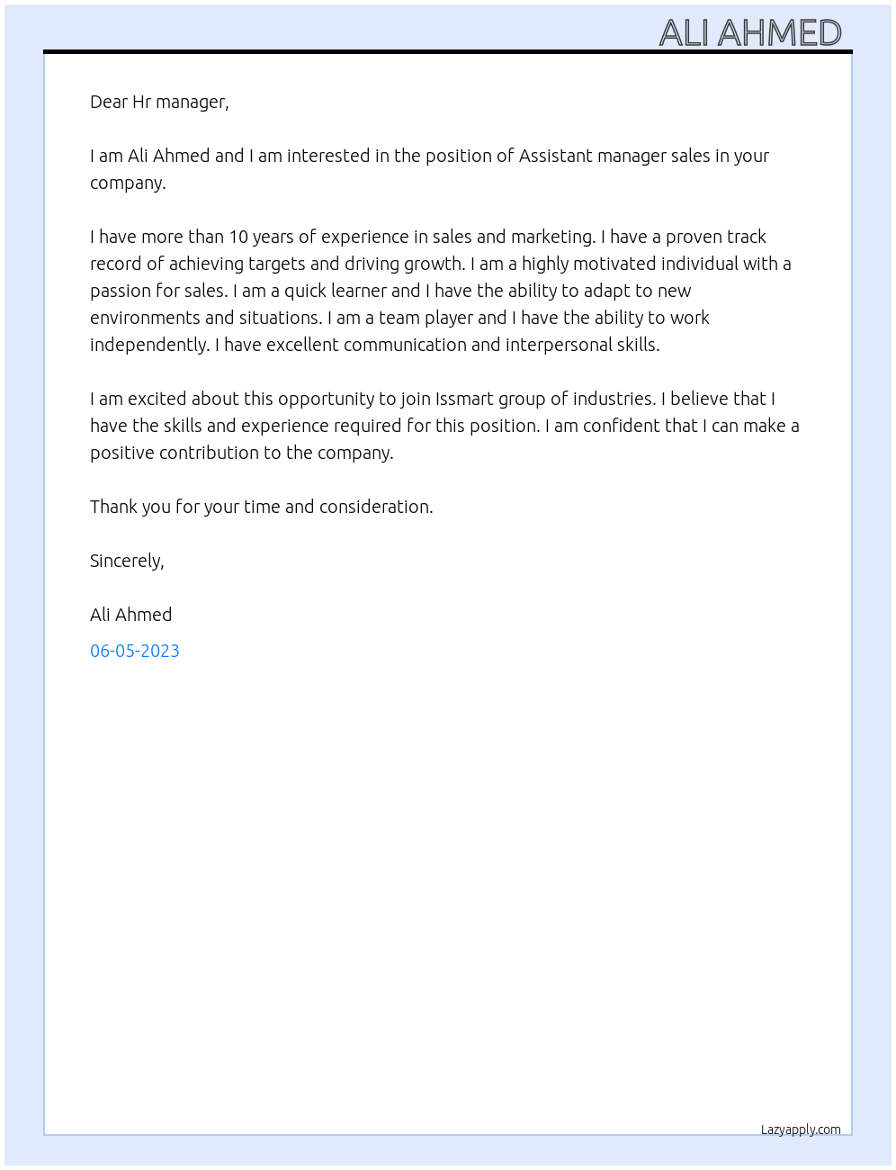 Assistant manager sales At Issmart group of industries Cover Letter