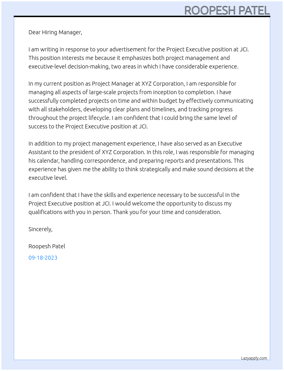 Project Executive At JCI Cover Letter