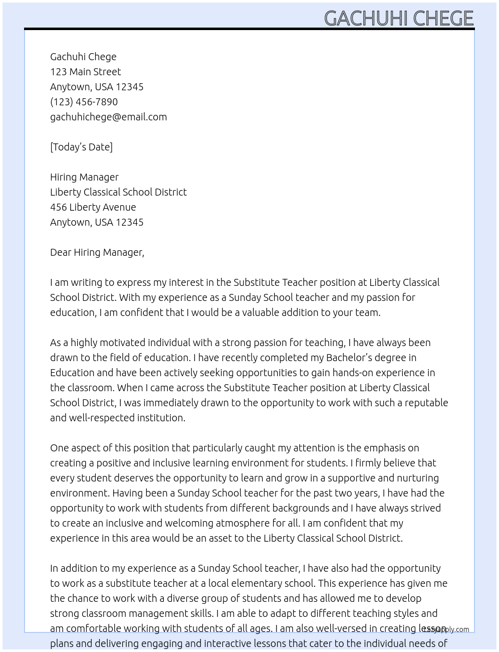 substitute teacher At Liberty Classical School District Cover Letter