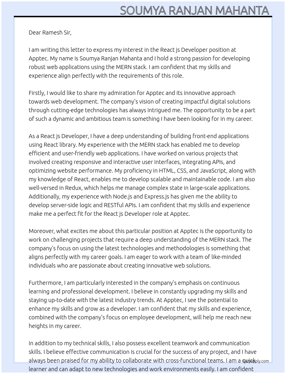React js developer At Apptec Cover Letter