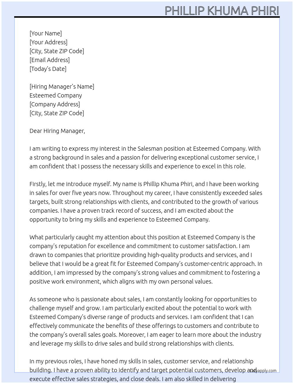 Salesman At Esteemed Company Cover Letter