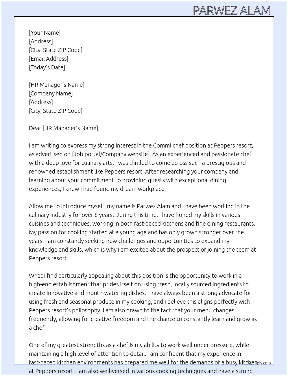 Commi chef  At Peppers resort  Cover Letter