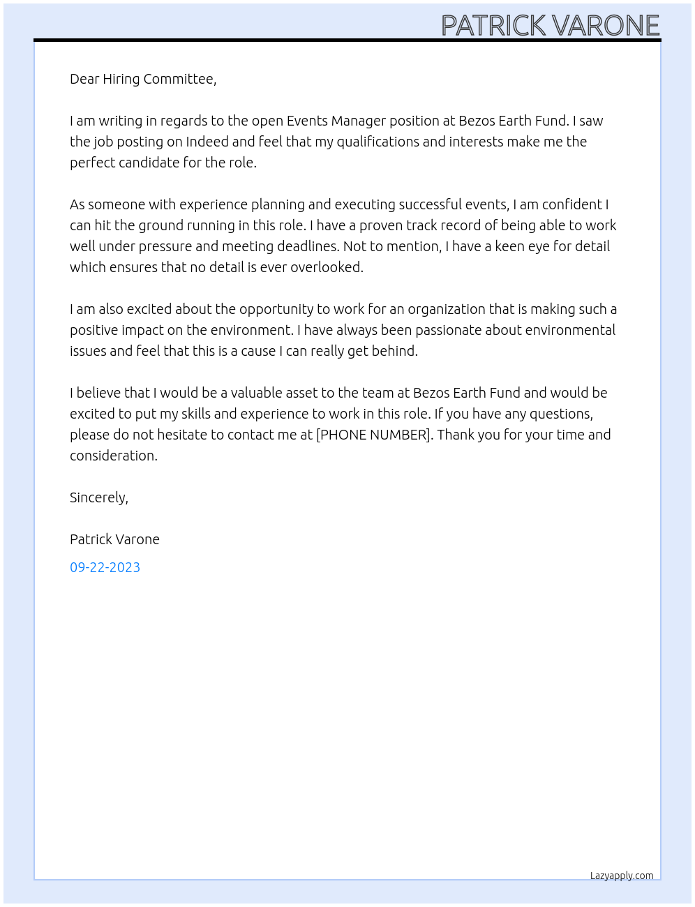 Events Manager At Bezos Earth Fund Cover Letter