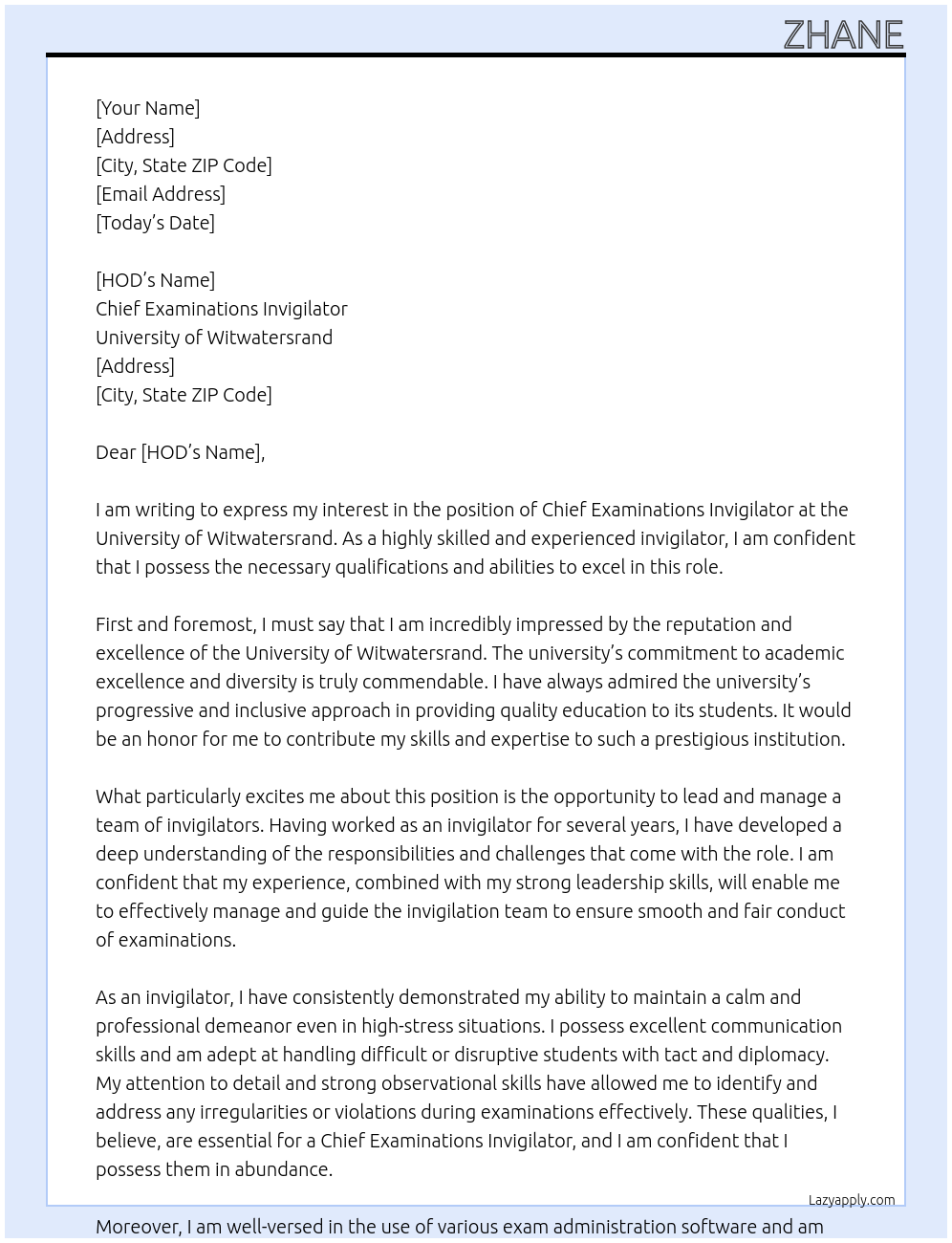Cover letter for chief examinations invigilator - LazyApply